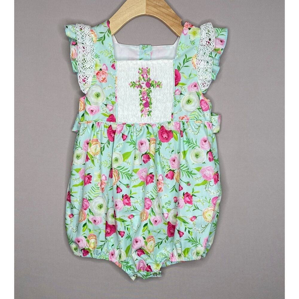 Addie & Hadlie Smocked Floral Cross Blue-Green Bubble Romper Girls 3T